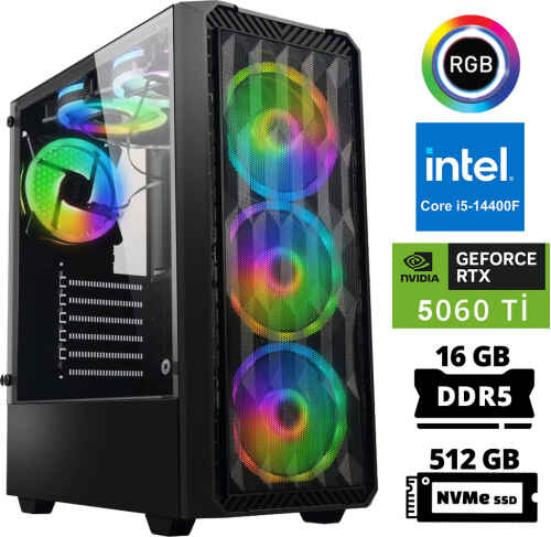 Xaser Xsr950 i5 14400F 16GB DDR5 Ram 512GB M.2 NVMe SSD 8GB RTX5060 Ti Masaüstü Oyuncu Bilgisayarı - 1
