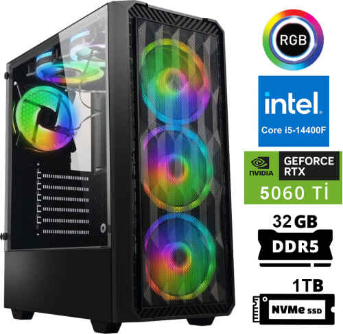 Xaser Xsr961 i5 14400F 32GB DDR5 Ram 1TB M.2 NVMe SSD 8GB RTX5060 Ti Masaüstü Oyuncu Bilgisayarı - 1